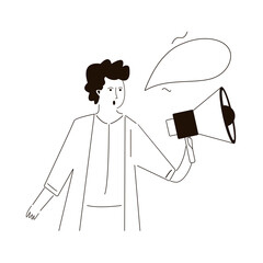 Male promoter with megaphone announce about sale. Cartoon man messaging and advertising about discount. Cheap shopping and purchase concept