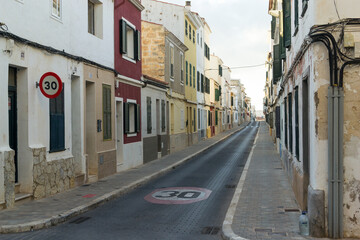 Fototapeta na wymiar Street in the historic center of Mahón, Menorca.
