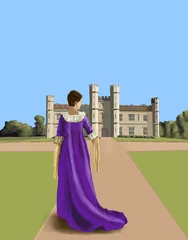 Fotobehang Illustration of a woman in a royal purple regency dress in front of a castle.  © Roberta Murray