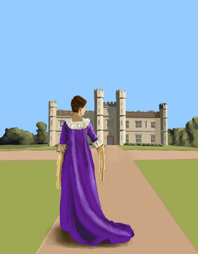 Illustration of a woman in a royal purple regency dress in front of a castle. 