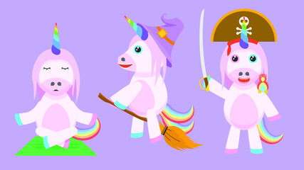 Set Abstract Collection Flat Cartoon 
Different Animal Unicorns Meditates, Flying On A Broomstick Wearing A Hat, Pirate In A Hat With A Saber And A Parrot Vector Design Style Elements Fauna Wildlife