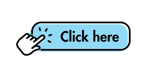 Click here button with hand pointer clicking. Web call to action with arrow pointer.