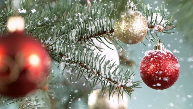 Christmas Spruce Branches with Snowflakes Falling. Super Slow Motion Filmed on High Speed Cinema Camera at 1000 fps.