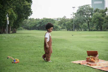Little African kid boy walking on grass playing xylophone and wooden car toys alone with happy face...