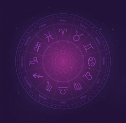 Zodiac wheel and signs with galaxy stars background, Astrology horoscope with signs. Aries, taurus, gemini ,cancer,leo, virgo, libra, scorpio, sagittarius, capricorn, aquarius , pisces, vector symbols