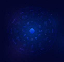 Zodiac wheel and signs with galaxy stars background, Astrology horoscope with signs. Aries, taurus, gemini ,cancer,leo, virgo, libra, scorpio, sagittarius, capricorn, aquarius , pisces, vector symbols