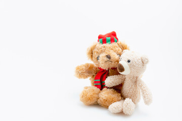 Teddy bear brothers and sisters hugging each other isolated on white background with copy space. Love, families, valentine concept.