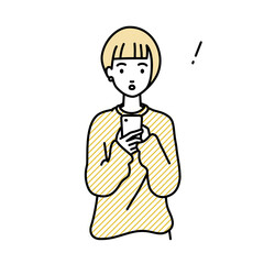 立ってスマートフォンを操作して何かに気づいて驚いたリモートワークの女性