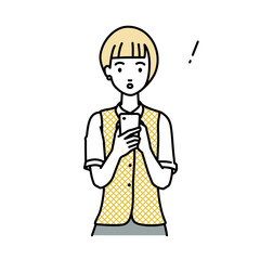 立ってスマートフォンを操作して何かに気づいて驚いた事務員制服の女性
