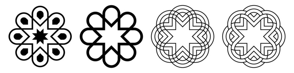 Set of circular ornaments. Round symmetrical patterns isolated on white background. Vintage decorative elements. Stylized flowers, signs. Stencil tattoo and prints. Vector monochrome illustration.