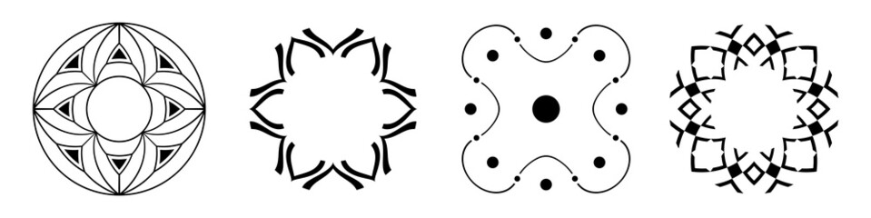 Set of four abstract circular ornaments with ornate borders. Decorative patterns isolated on white background. Stylized flowers, signs. Stencil tattoo and prints. Vector monochrome illustration.