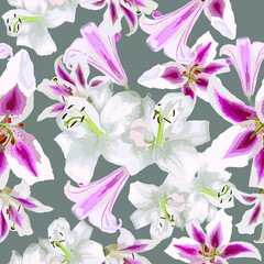 Seamless pattern with lilies in white and pink colors isolated on gray background