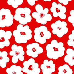 Floral pattern. Red background, white flowers. trend print. Good for postcards, banner, packaging. Simple seamless pattern.