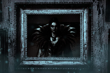Horror scary illustration of framed picture with haunted ghost vampire countess portrait.