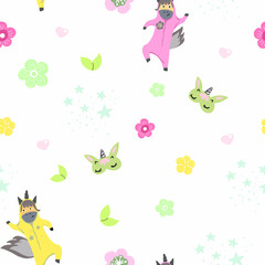 Seamless pattern with dancing unicorns, pajama party.