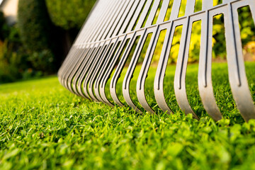 Typical garden rack seen on a lush lawn. The rack has been used by a gardener to clear there ground...