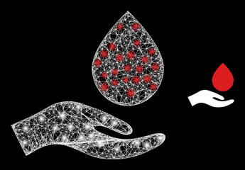 Bright mesh vector blood donation with glare effect. White mesh, bright spots on a black background with blood donation icon. Mesh and glare elements are placed on different layers.