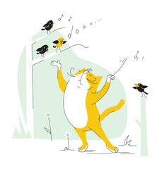Funny cat conducts a choir of birds in the forest