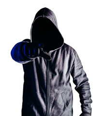 Isolated photo of scary horror stranger stalker man in black hood and clothing pointing finger...