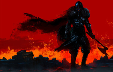 Illustration artwork of ancient viking fantasy warrior holding shiled and axe on burning city background. - obrazy, fototapety, plakaty