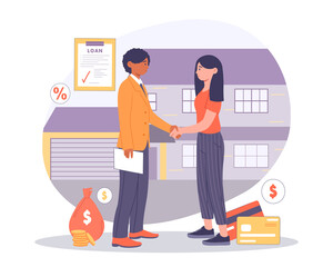 Buying House on Credit concept. Woman shakes hands with lawyer to sign deal. Contract of sale. Mortgage in bank. Initial payment. Cartoon flat vector illustration isolated on white background