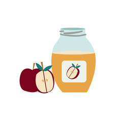 Glass jar with apple jam. Bright vector illustration of apple jam.	