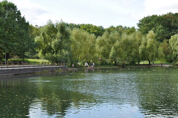 Panoramic view of the city pond. People with children on the shore feed the ducks. September 18, 2021, Moscow, Russia.