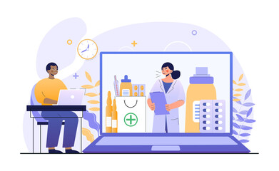 Online consultation with doctor. Man sitting home and communicating with therapist via video link. Medic on laptop screen prescribes treatment. Cartoon flat vector illustration on white background