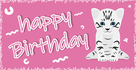 Fototapeta na wymiar HAPPY BIRTHDAY. Greeting card with a white kitten on a pink background. Vector illustration.