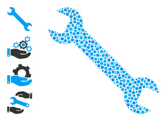 Circle composition wrench. Vector mosaic is based on wrench icon, and organized of random circle spots. Vector icon of wrench created of scattered circle pixels.