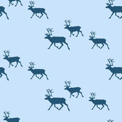 New Year and Christmas seamless pattern with running reindeer. Vector background in cold blue tones