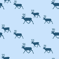 New Year and Christmas seamless pattern with running reindeer. Vector background in cold blue tones