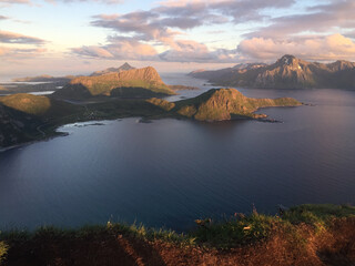 Beautiful view of mountain fjords in Ramberg Beach, Norway