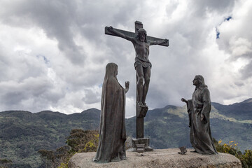 Jesus Statue with mountains in the background on Monserrate in Bogota, Colombia