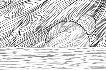 Doodle alien fantasy water landscape coloring page for adults. Fantastic graphic artwork. Hand drawn illustration
