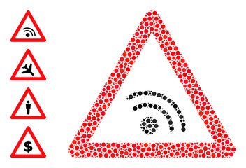 Round dot combination WiFi warning. Vector mosaic is based on WiFi warning icon, and organized with scattered round parts. Vector icon of WiFi warning constructed of scattered spheric pixels.