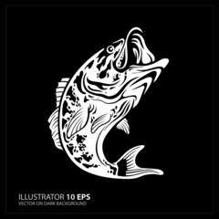 Vector Illustration of a largemouth bass fish jumping  in black background done in retro style.
