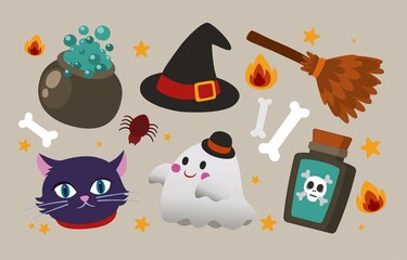 Halloween Element Collection, Cute Cartoon in Flat Design