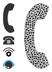 Round dot collage phone receiver. Vector collage is based on phone receiver icon, and made with random circle parts. Vector icon of phone receiver organized of random round points.