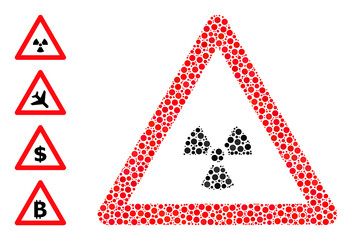 Rounded dot composition radioactivity warning. Vector mosaic is based on radioactivity warning icon, and designed of scattered spheric elements.