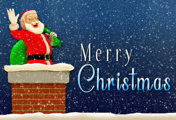Christmas card with Santa Claus coming down the chimney. 3D cartoon type art.
