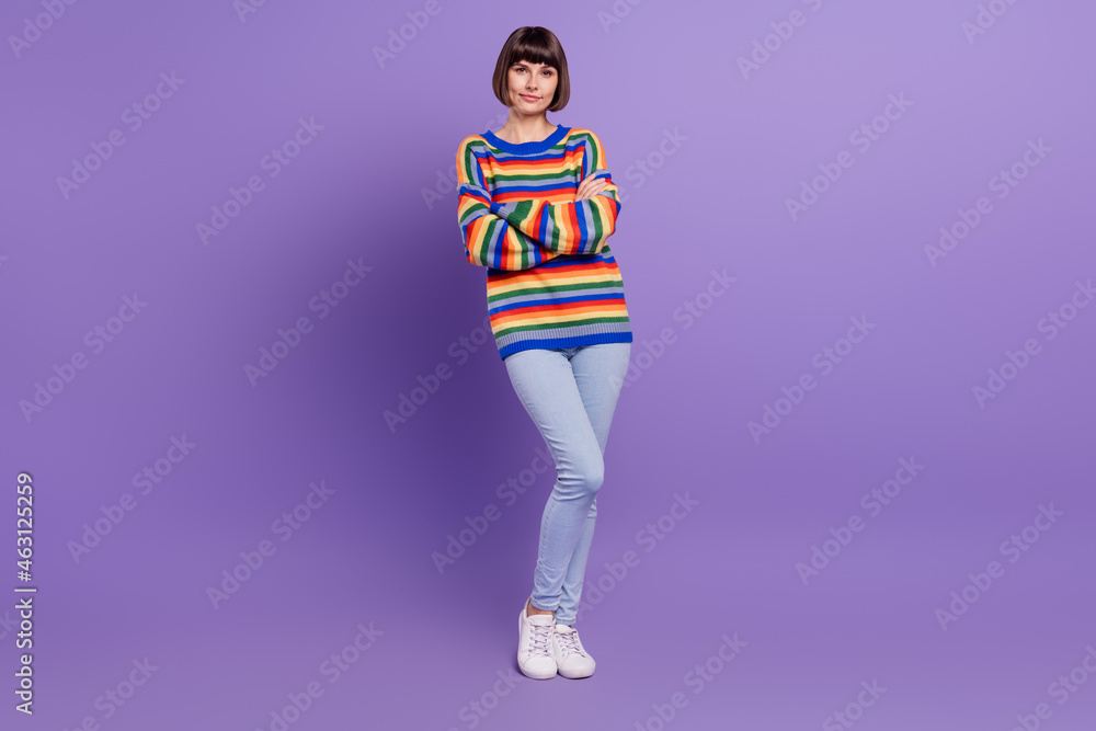 Canvas Prints Photo of confident charming nice lady crossed hands wear striped pullover jeans shoes isolated purple color background