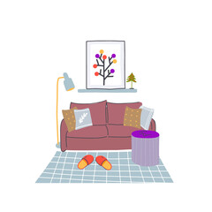 Colorful vector cozy interior warm bright winter illustration in cartoon flat style.  Home inside living room design element. 