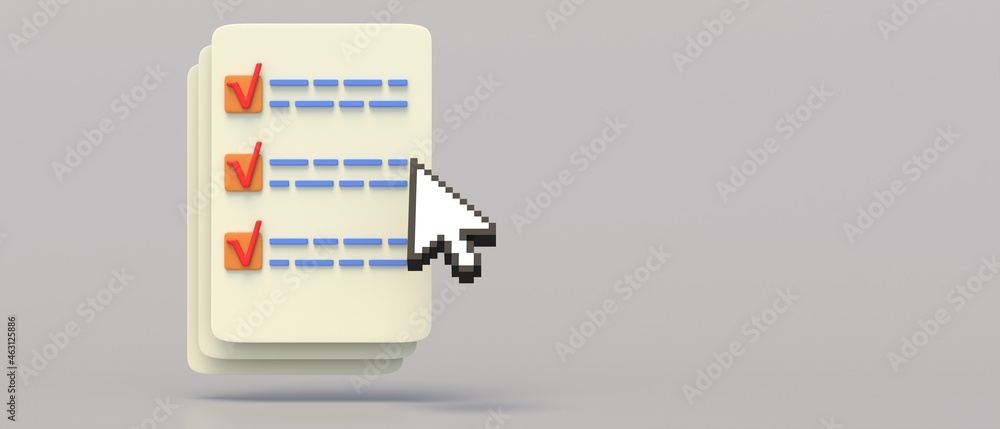 Poster minimal checklist and computer mouse pointing the checkboxes, grey background. 3d illustration