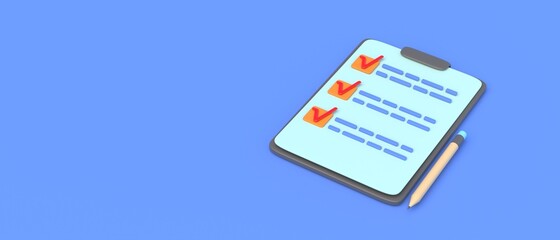 Checklist and clipboard. Filled checkboxes notepad and pencil on blue background. 3d illustration
