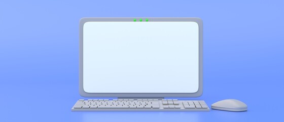 Desktop computer minimal, empty screen, keyboard mouse, blue background, space. 3d illustration