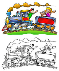 Toy train drawing with boy and girl in cartoon style. Colored art and white and black.