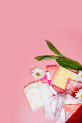 Critical days. Woman hygienic protection, menstruation, cotton tampons, sanitary pads