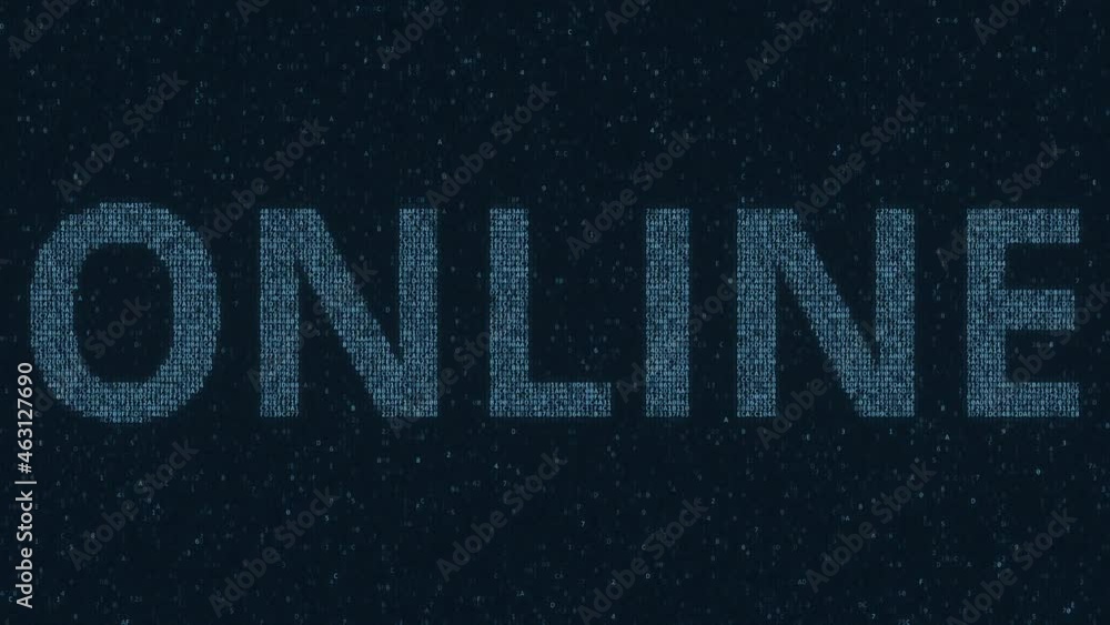 Aufkleber online text made with many symbols on computer screen, 3d animation
