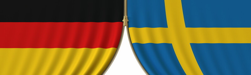 Obraz premium Germany and Sweden political cooperation or conflict, flags and closing or opening zipper, conceptual 3D rendering